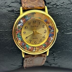 Vintage Pierre Nicol Gold-tone Quartz Watch with Multi-colored Stone Dial